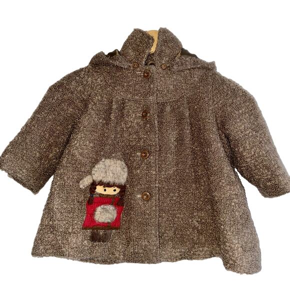 Toddler Chaw Cho Coat Girls Size 2T Wool Teddy Bear Girl Applique Hooded *